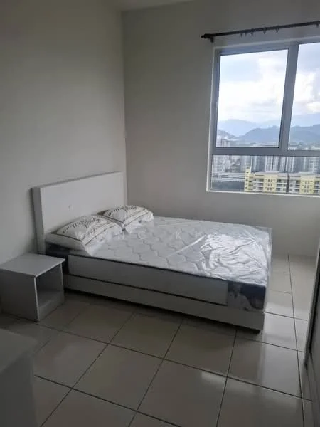 Bedroom features: queen-size bed, white upholstered headboard, white bed frame, two decorative pillows, white bedside table, floor-to-ceiling window, mountain view, white painted walls, glossy tile flooring; style: modern; view: mountain.