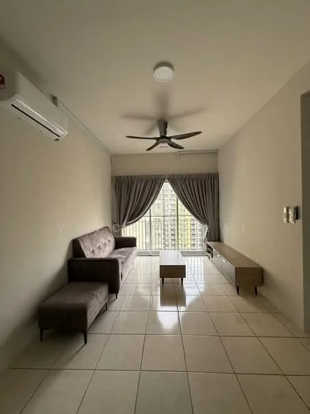 Living features: cream painted walls, glossy tile flooring, 5-blade ceiling fan with light, floor-to-ceiling windows, sheer curtains, sofa in brown fabric, wooden coffee table, TV console in light wood; style: modern.
