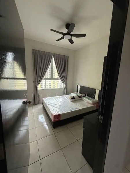 Bedroom features: queen-size bed, upholstered headboard, 2 bedside tables, ceiling fan with 3 blades, floor-to-ceiling window, grey curtains, white painted walls, tile flooring; style: modern; view: city.