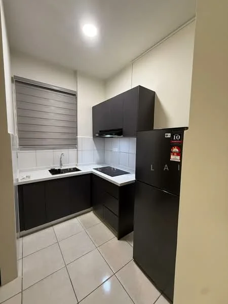 Kitchen features: black cabinetry, white tiled backsplash, stainless-steel sink, chrome pull-down faucet, built-in stove, built-in range hood, stainless-steel fridge, grey countertop, tile flooring, window with blinds, under-cabinet lighting; style: modern.