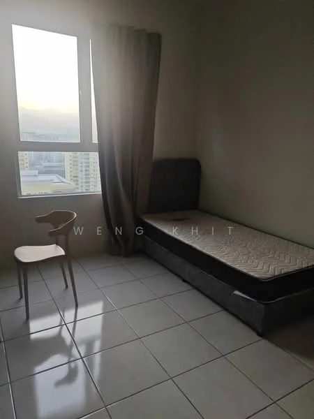 Bedroom features: single bed frame, mattress, ceramic tile flooring, floor-to-ceiling window, curtains, chair, neutral wall color, city view; view: city.