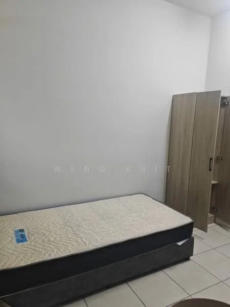 Bedroom features: single bed with mattress, wooden wardrobe, white painted walls, tile flooring, window with no visible treatment, light fixture on ceiling.