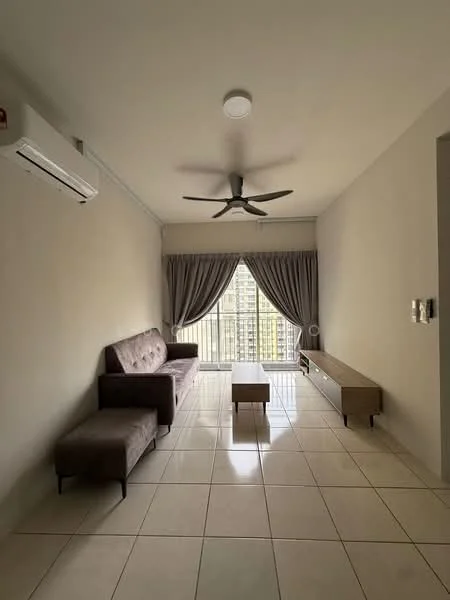 Living features: 3-seater fabric sofa in brown, 2-seater fabric sofa in brown, wooden coffee table, TV console in light wood, floor-to-ceiling windows, curtains in grey, wall-mounted split AC, ceiling fan with 3 blades, glossy tile flooring in white, neutral painted walls; style: modern; view: city.