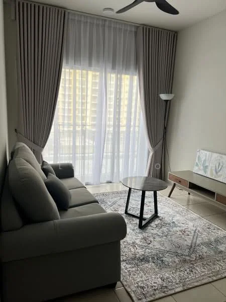 Living features: 3-seater fabric sofa in grey, coffee table with black metal legs, area rug with intricate pattern, floor-to-ceiling windows, sheer curtains, light grey walls, ceiling fan, laminate flooring; style: modern; view: city.