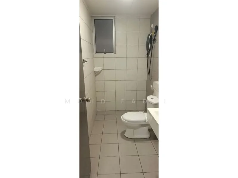 Bathroom features: white tiled walls, grey tiled flooring, one-piece toilet, sink with cabinet, shower with handheld showerhead, window for natural light, mirror above sink, wall-mounted towel rack; style: modern.