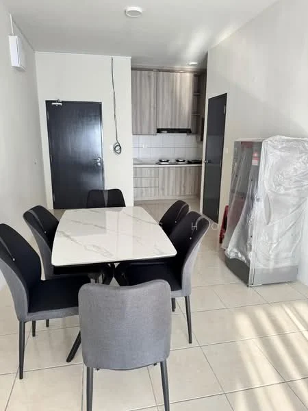Dining features: marble dining table, 4 upholstered dining chairs in grey, white tiled flooring, wall-mounted air conditioning unit, light grey painted walls, kitchen area visible in background, refrigerator wrapped in plastic, dark wooden door, light fixture on ceiling; style: modern. Kitchen features: light wood cabinetry, white tiled backsplash, stainless-steel gas stove, built-in oven, countertop space, kitchen sink, open layout to dining area; style: modern.
