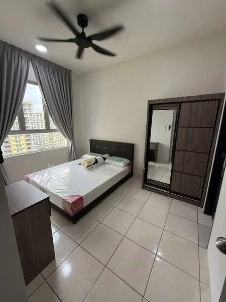 Bedroom features: queen-size bed, upholstered headboard, bedside table, built-in wardrobe with sliding doors, floor-to-ceiling window, grey curtains, ceiling fan, white painted walls, tile flooring; style: modern; view: city.