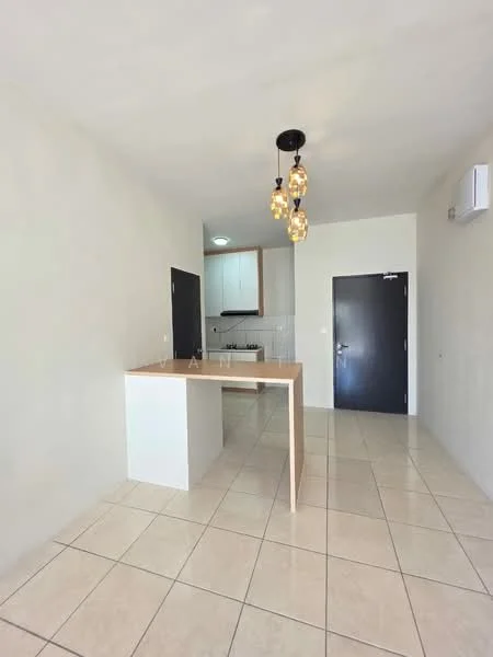 Kitchen features: white painted walls, tile flooring, pendant light fixture with multiple bulbs, kitchen island with bar seating, built-in cabinets, stainless-steel gas hob, exhaust hood, refrigerator, wall-mounted split AC; style: modern.