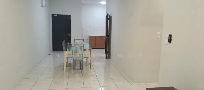 Dining features: dining table with four chairs, white tiled flooring, light grey painted walls, recessed ceiling lights, doorway leading to kitchen, doorway leading to hallway, wall-mounted intercom, air conditioning unit; style: modern. Room features: light grey painted walls, white tiled flooring, doorway leading to kitchen, doorway leading to hallway.