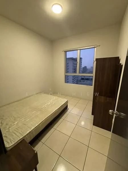 Bedroom features: single bed frame, mattress, white painted walls, tile flooring, floor-to-ceiling window, curtains, wooden wardrobe, wooden bedside table, ceiling light fixture; style: modern; view: city.