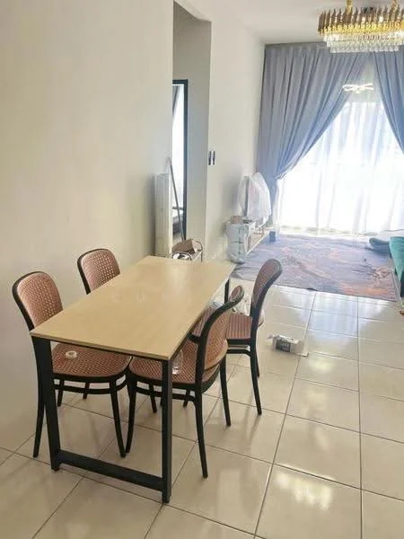 Dining features: 4-seater dining table with light wood top, black metal legs on dining table, 4 rattan dining chairs with cushioned seats, white painted walls, tiled flooring, curtains in light grey, chandelier with multiple bulbs, area rug with geometric pattern, floor-to-ceiling windows, natural light from windows; style: modern.