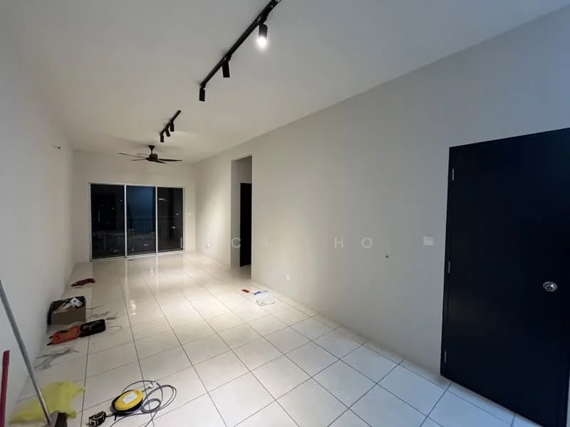 Living features: white painted walls, tile flooring, 5-blade ceiling fan with light, track lighting, floor-to-ceiling windows, sliding glass door, black door, neutral color scheme; style: modern.