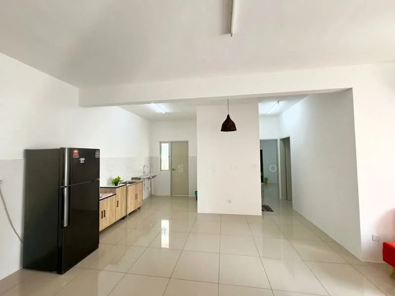 Kitchen features: black refrigerator, wood cabinetry, white walls, glossy tile flooring, pendant light fixture, open layout, countertop space, doorway to adjacent room; style: modern. Room features: white walls, glossy tile flooring, doorway leading to another room.