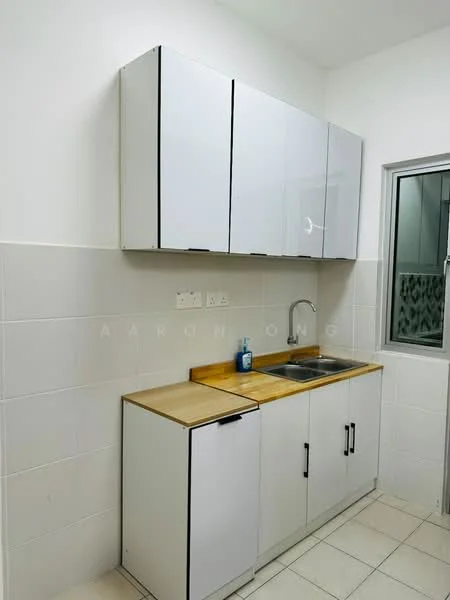 Kitchen features: white cabinetry with glossy finish, wooden countertop, double-bowl stainless-steel sink, chrome pull-down faucet, white tiled walls, ceramic tile flooring, window with white frame, under-cabinet lighting; style: modern.