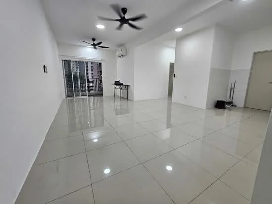 Living features: white painted walls, glossy ceramic tile flooring, 2 ceiling fans, recessed downlights, floor-to-ceiling sliding glass door, balcony access, air conditioning unit, dining table, open layout; style: modern; view: city.