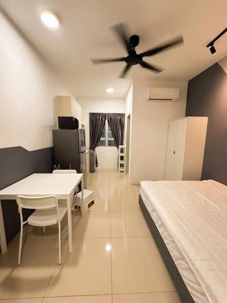 Room features: white painted walls, grey accent wall, polished tile flooring, 5-blade ceiling fan, window with curtains, double-door fridge, white dining table, 2 white chairs, built-in wardrobe, air conditioning unit, queen-size bed frame without mattress; style: modern.