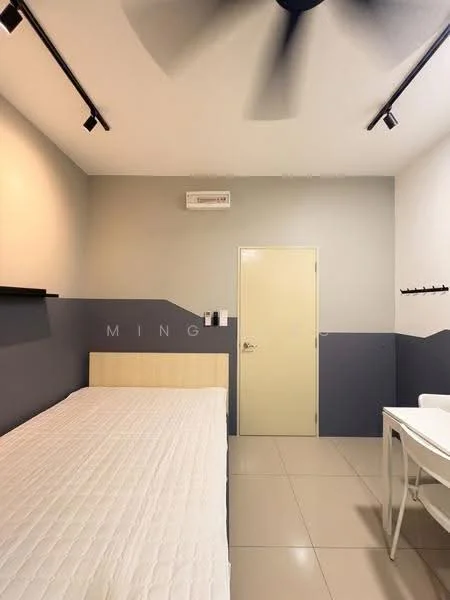 Bedroom features: single bed, white bed frame, grey painted walls, cream painted walls, ceiling fan, wall-mounted shelf, tile flooring, door, desk, chair, air conditioning unit; style: modern.
