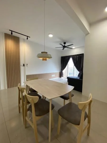 Dining features: 4-seater dining table, light wood table, wooden dining chairs with upholstered seats, pendant lamp, ceiling fan with light, floor-to-ceiling window, blackout curtains, cream tiled flooring, wood panel accent wall; style: modern.