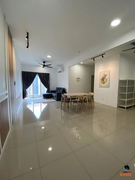 Living features: glossy ceramic tile flooring, white painted walls, 5-blade ceiling fan, recessed LED downlights, floor-to-ceiling windows, blackout curtains, sofa in dark blue fabric, dining table with four chairs, decorative wall art, open shelving unit; style: modern; view: city.