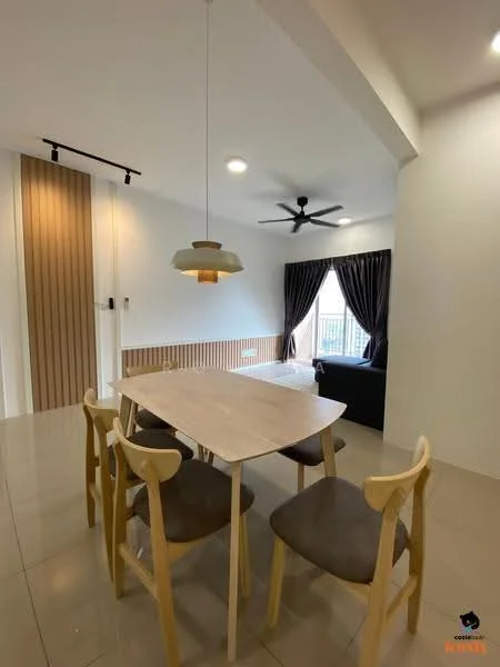 Dining features: rectangular dining table, 4 wooden dining chairs with upholstered seats, pendant lamp with a wooden shade, ceiling fan with light, grey curtains, white walls, wood panel accent wall, glossy tile flooring; style: modern.