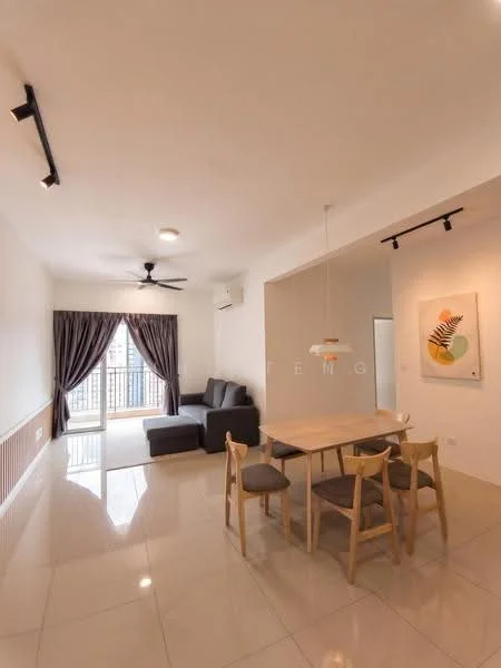Living features: 3-seater fabric sofa in grey, ceiling fan, floor-to-ceiling windows, curtains in dark grey, light-colored walls, polished tile flooring, recessed downlights, wall-mounted air conditioning unit; style: modern; view: city. Dining features: 4-seater dining table, wooden dining chairs, pendant light above dining table, light-colored walls, polished tile flooring; style: modern.