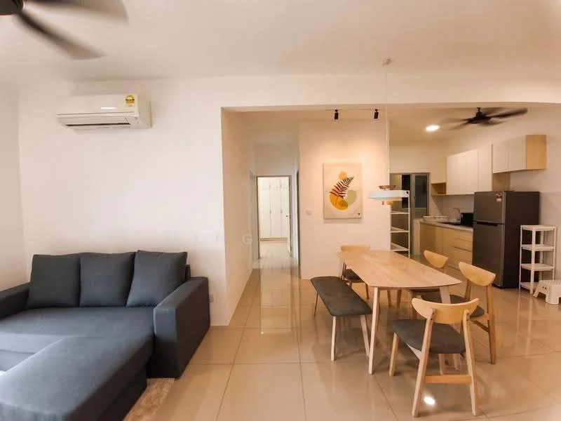 Living features: 3-seater fabric sofa in grey, coffee table, wall-mounted split AC, ceiling fan, LED pendant light, tile flooring, neutral painted walls, open layout to dining area; style: modern. Dining features: 6-seater dining table, wooden dining chairs, light wood cabinetry in background, stainless-steel fridge, kitchen countertop, open layout to living area; style: modern.