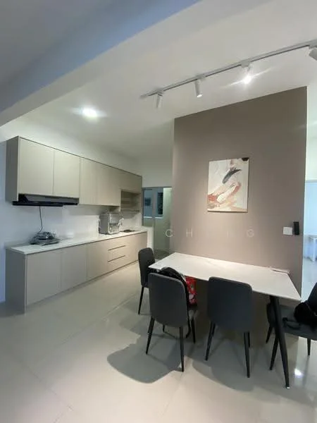 Kitchen features: light grey cabinetry, white countertop, stainless-steel sink, built-in oven, ceramic cooktop, recessed downlights, tile flooring, dining table with four chairs, wall-mounted microwave, decorative wall art; style: modern.