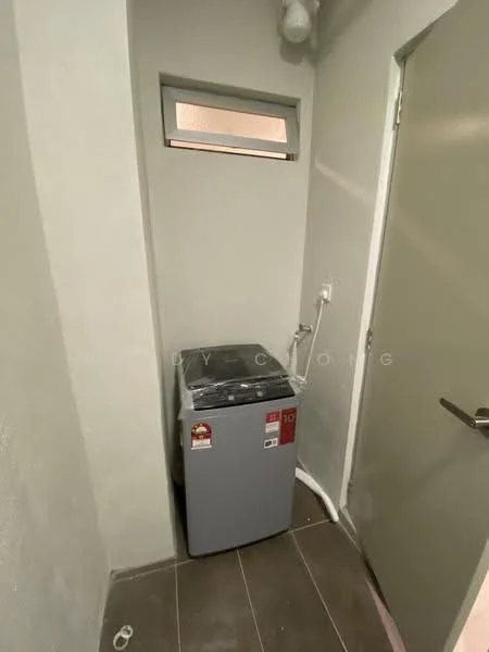 Laundry features: top-load washing machine in grey, grey tiled flooring, light grey painted walls, small window for natural light, door leading to another room.