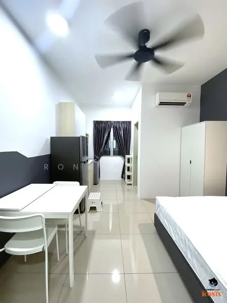 Room features: white walls, grey accent wall, glossy tile flooring, ceiling fan with light, window with curtains, fridge, dining table with 2 chairs, built-in wardrobe, air conditioning unit, stool, bed frame without mattress; style: modern.
