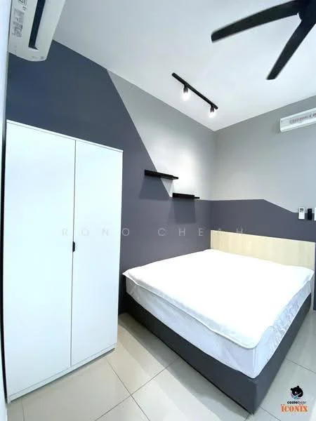 Bedroom features: queen-size bed with white bedding, light grey upholstered bed frame, white wardrobe with sliding doors, grey accent wall, white painted walls, recessed LED downlights, ceiling fan, floor-to-ceiling window, tile flooring, floating shelves; style: modern.