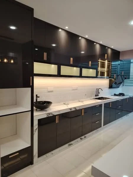 Kitchen features: black high-gloss cabinetry, gold hardware on cabinets, white marble countertop, black ceramic sink, black gooseneck faucet, built-in gas hob, built-in oven, under-cabinet LED lighting, white tiled backsplash, open shelving, recessed downlights, white porcelain tile flooring; style: modern.