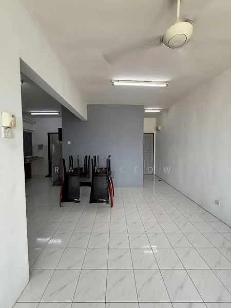 Room features: white painted walls, grey accent wall, glossy white tile flooring, ceiling fan, fluorescent ceiling lights, dining table with chairs, open layout, kitchen visible in background; style: modern.