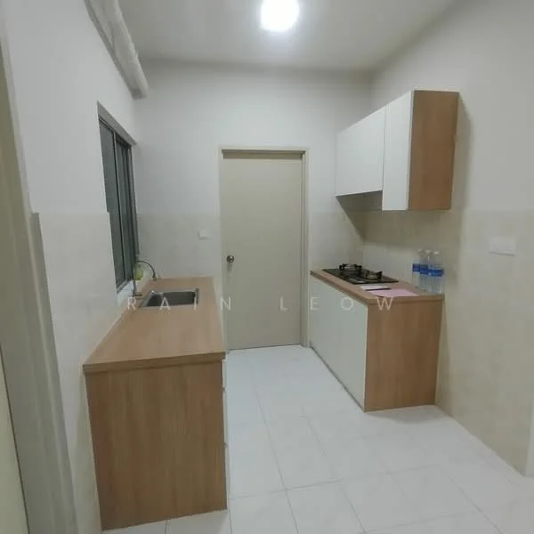 Kitchen features: single-bowl stainless-steel sink, chrome pull-down faucet, laminate countertop in light wood, white cabinetry with flat-panel doors, built-in gas stove, white tiled backsplash, white tiled flooring, window with grid pattern, recessed ceiling lights; style: modern.