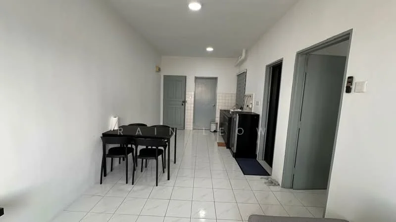 Dining features: white painted walls, glossy white tile flooring, 4-seater dining table, black dining chairs, recessed downlights, doorway to kitchen, doorway to hallway, air conditioning unit; style: modern. Kitchen features: black cabinetry, stainless-steel sink, countertop with backsplash, built-in stove, microwave, refrigerator, tile flooring; style: modern.