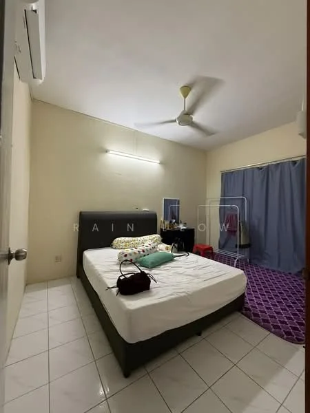 Bedroom features: queen-size bed, upholstered headboard, white bedding, 2 bedside bags, ceiling fan, wall-mounted air conditioning unit, purple area rug, white tiled flooring, curtains, light fixture on ceiling.