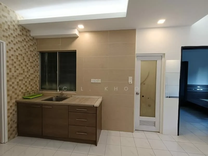 Kitchen features: single-bowl stainless-steel sink, chrome pull-down faucet, laminate countertop, brown wooden cabinetry with handles, tile backsplash with mosaic pattern, white tiled walls, white ceiling, recessed downlights, ceramic tile flooring, window with grid pattern, door to adjacent room; style: modern.
