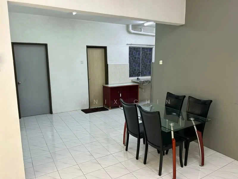Dining features: glass dining table with black chairs, white tiled flooring, cream painted walls, grey accent wall, door leading to hallway, door leading to kitchen, window with patterned curtain, kitchenette area visible; style: modern. Kitchen features: white cabinetry, sink with faucet, countertop, kitchenette area, tile backsplash; style: modern.