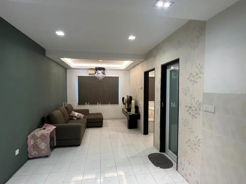 Living features: grey accent wall, cream painted walls, white tiled flooring, recessed ceiling lights, chandelier, sofa in beige, decorative cushions, TV console, large window with roller blinds; style: modern. Room features: white tiled flooring, cream painted walls, door to bathroom, door to bedroom.