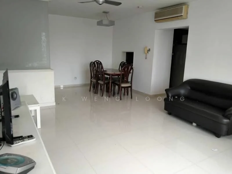 Living features: white painted walls, glossy tile flooring, 5-blade ceiling fan, wall-mounted air conditioning unit, black leather sofa, dining table with 6 wooden chairs, TV console, television, telephone wall unit; style: modern.