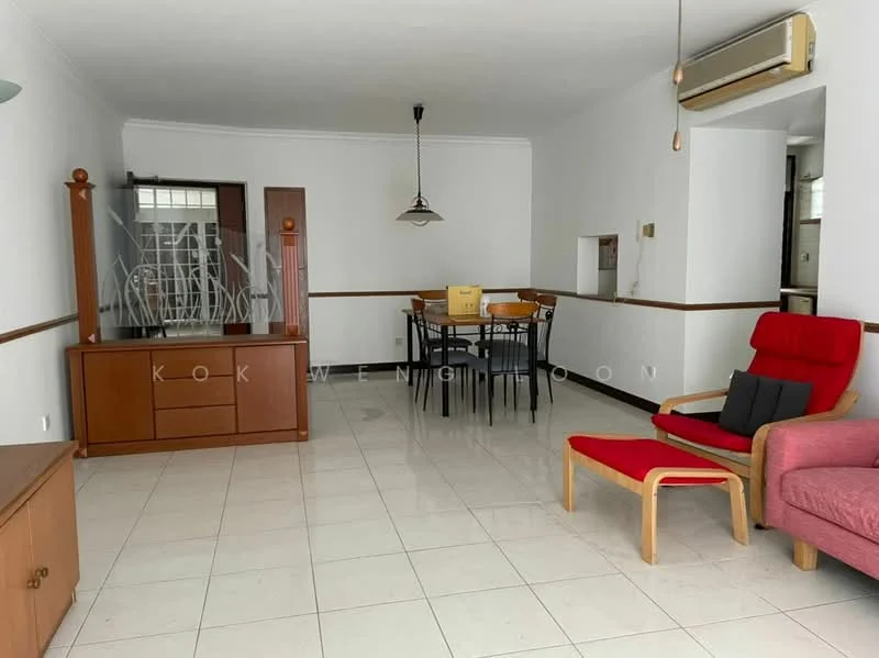 Living features: white painted walls, glossy tile flooring, ceiling-mounted air conditioning unit, pendant light fixture, wooden sideboard, red armchair, pink fabric sofa, dining table with four chairs; style: contemporary.