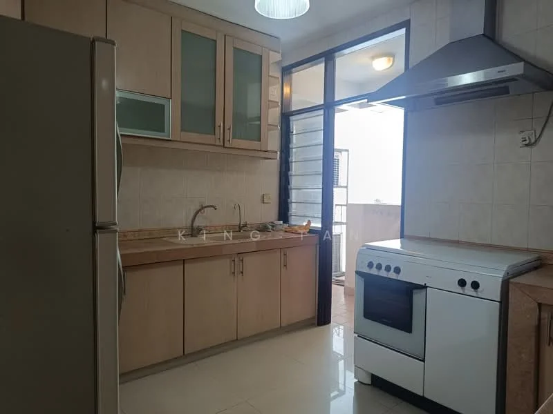 Kitchen features: light wood cabinetry, granite countertop, stainless-steel fridge, freestanding gas oven with 4 burners, single-bowl stainless-steel sink, chrome pull-down faucet, tile backsplash, white tiled walls, glossy floor tiles, window with sliding door, overhead lighting fixture; style: modern; view: city.