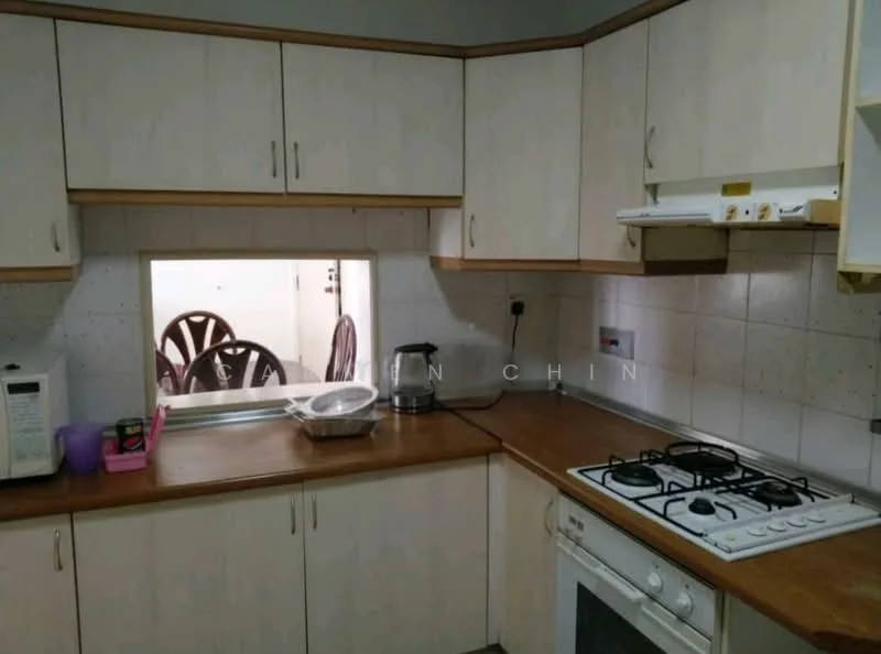 Kitchen features: light wood cabinetry, laminate countertop, gas stove with 4 burners, built-in oven, microwave, kitchen window, tile backsplash, white tiled walls, vinyl flooring, kettle, pink storage container.