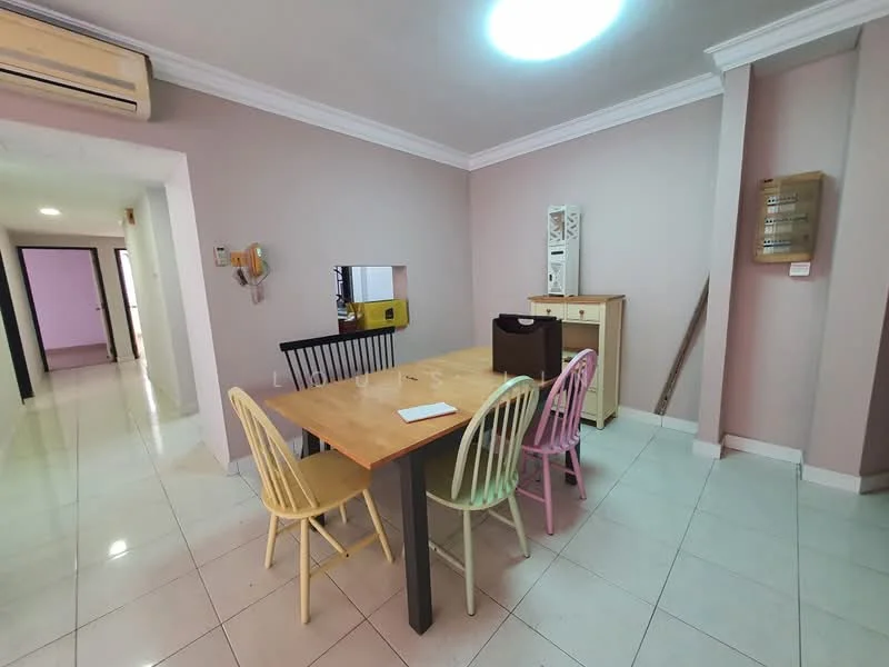 Dining features: rectangular wooden dining table, 4 dining chairs in pastel colors, white tiled flooring, cream painted walls, crown moulding, ceiling light fixture, sideboard cabinet, wall-mounted phone, air conditioning unit, open layout to hallway; style: modern.