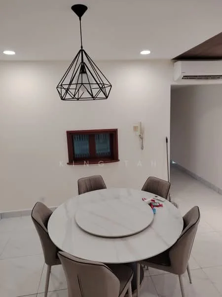 Dining features: round marble dining table, 6 upholstered dining chairs, black geometric pendant light, white painted walls, recessed LED downlights, air conditioning unit, window with wooden frame, tile flooring; style: modern.