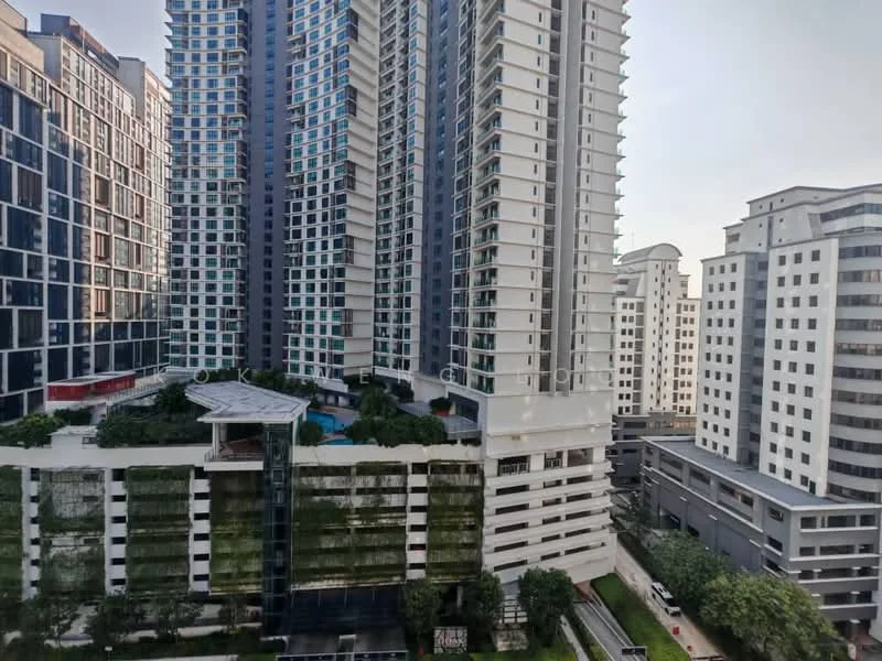 Exterior type: high-rise condominium; features: glass curtain wall, white painted facade, recessed balconies, manicured lawn, landscape garden, infinity pool, pool deck with loungers, surrounded by mature greenery, multi-storey car park, modern architectural design; style: modern.