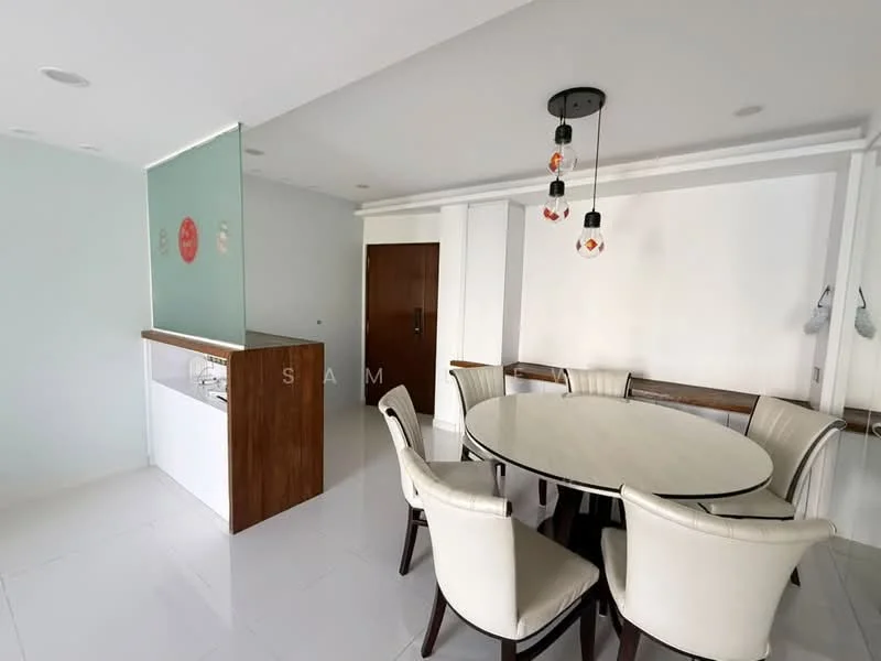 Dining features: round dining table, upholstered dining chairs, white walls, recessed downlights, pendant lighting, glossy tile flooring, wooden accent wall, open layout to kitchen, decorative wall art; style: modern.