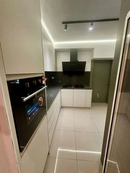 Kitchen features: white cabinetry with flat-panel design, black countertop, stainless-steel built-in oven, stainless-steel microwave, 4-burner gas hob, black extractor hood, white tiled backsplash, white porcelain tile flooring, recessed LED downlights, single-bowl stainless-steel sink, chrome pull-down faucet, open shelving, modern kitchen design; style: modern.