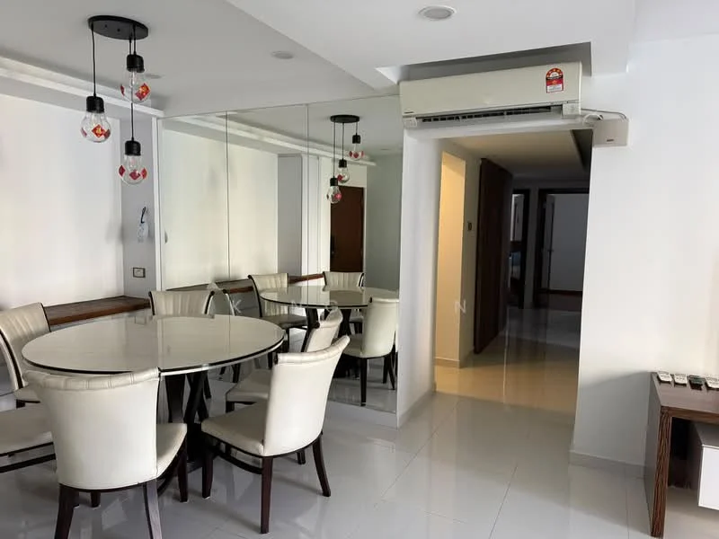 Dining features: round dining table, white marble tabletop, upholstered dining chairs in cream, mirrored wall, recessed ceiling lights, pendant lights with glass shades, white painted walls, glossy tile flooring, air conditioning unit, doorway leading to another room; style: modern.