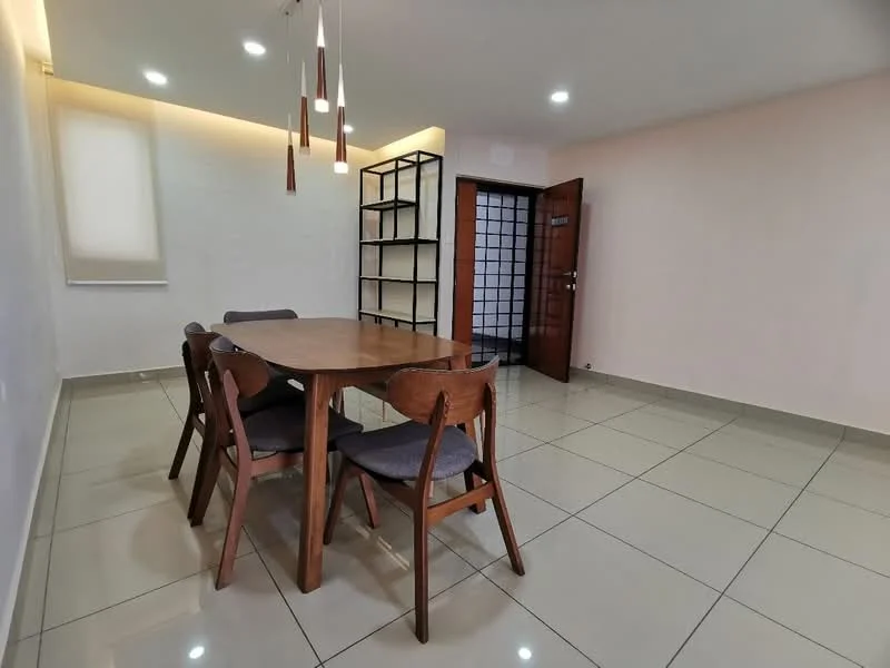 Dining features: rectangular wooden dining table, 4 wooden dining chairs with grey cushions, white painted walls, recessed LED downlights, large window with sheer curtains, glossy ceramic tile flooring, open shelving unit, wooden door with glass panel, neutral wall color, minimalist decor; style: modern.