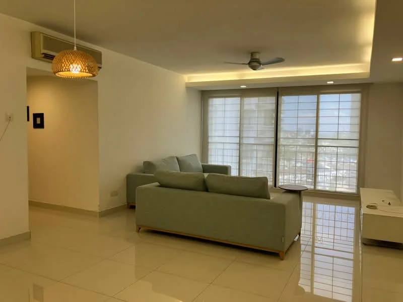 Living features: light grey fabric sofa, coffee table, white TV console, floor-to-ceiling windows, roller blinds, recessed LED downlights, ceiling fan, glossy tile flooring, white painted walls, decorative pendant light; style: modern; view: city.